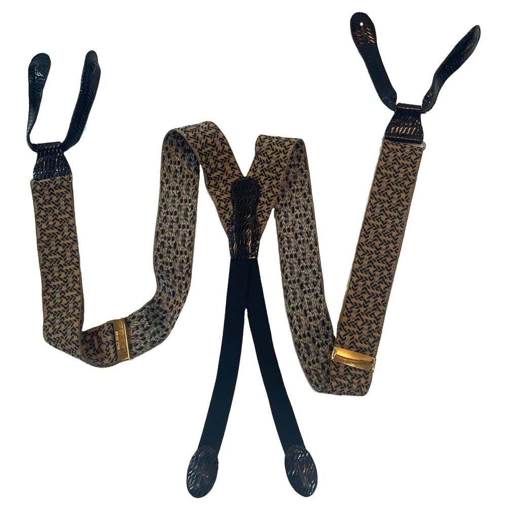 Martin Dingman Suspenders Brown Green Black Leather Button Solid Brass Geometric